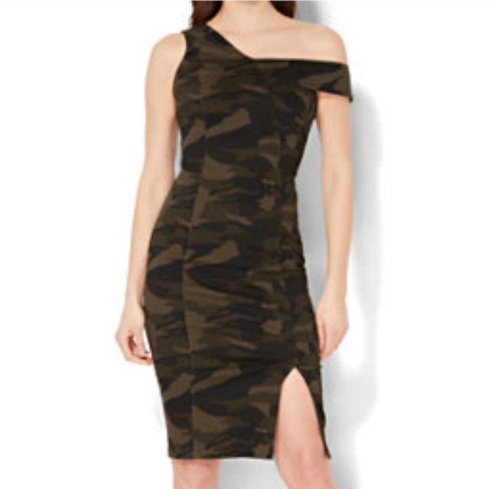 New York & Company Green Black Camo Cotton One Shoulder Sheath Dress